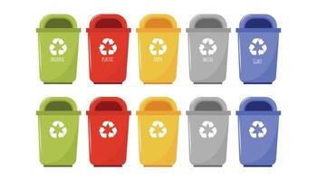 Set of containers with sorted garbage. Different types of garbage organic, metal, plastic, paper and glass. Zero waste concept. Isolated illustration EPS 10 vector