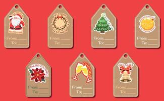 Merry Christmas and Happy New Year tags for presents, craft paper tags with stickers and text vector