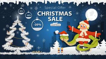 Banner special offer Christmas sale A snake Wraps around a girl on skates next to a festive fir tree in the snow vector