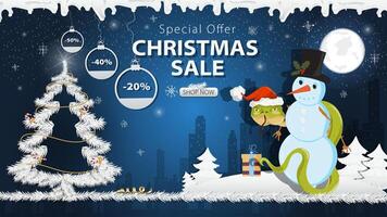 Banner special offer Christmas sale A snake in a Santa hat Wraps around a snowman next to a festive fir tree in the snow vector