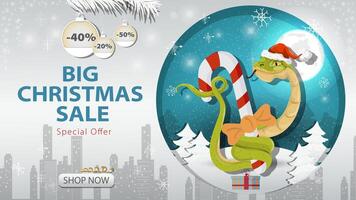 Banner special offer big Christmas sale A snake in a Santa hat wraps around a festive candy on the background of the night sky vector