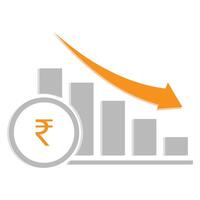 A bar chart with four bars rupee icon down arrow vector