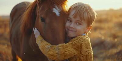 A young child embraces a horse during golden hour in a peaceful rural setting photo