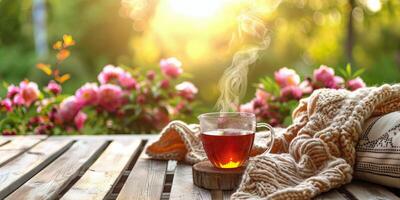 Cozy outdoor setting with a cup of steaming tea and a flower arrangement in a tranquil garden photo
