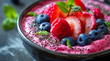 Colorful berry smoothie bowl topped with fresh fruits and mint leaves on a dark background photo