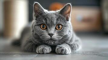 Playful gray cat lounging comfortably on a tiled floor in a cozy indoor environment photo