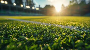 Bright sunlight over a vibrant green grass field in a large stadium during the afternoon photo