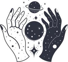 Female hands and mystical esoteric magic planet with stars vector