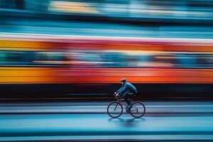 A cyclist riding next to the train, with motion blur and a long exposure, capturing the high-speed photography in a minimalist photo