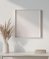 A white table with a vase of pampas grass and a framed picture photo
