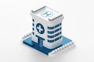 Isometric view of minimal hospital building icon with blue and white tones, featuring medical cross symbol and helipad on the roof, 3d rendering photo
