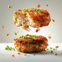 two crab cakes are being tossed in the air photo