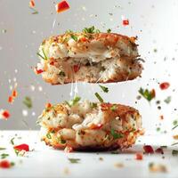 two crab cakes with herbs sprinkled on them photo