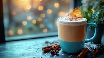 A warm cappuccino with a single espresso coffee bean on top, photo