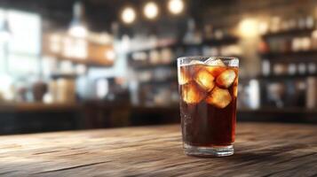 A glass of Coca Cola with ice, sitting on a wooden table in a diner setting. photo