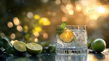 A refreshing gin cocktail topped with lemon and lime slices, photo