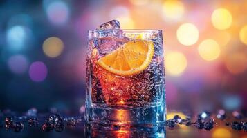 Slice of orange garnish on the rim of a glass with ice and soda, set against an abstract background. photo