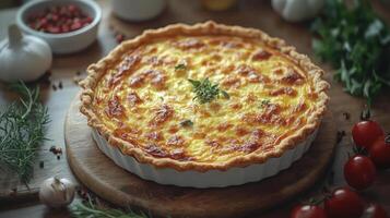 a close-up image of a richly topped cheese pizza in a pie crust, photo