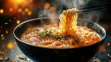 A close-up image of a bowl of ramen noodle soup being poured into an empty bowl with steam rising fr photo