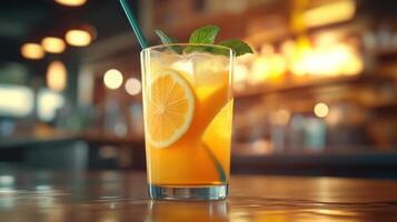 A refreshing glass of orange blossom cocktail, garnished with a slice of fresh lemon. photo