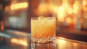 A glass of bourbon on the bar, with a slice of lemon and ice. photo