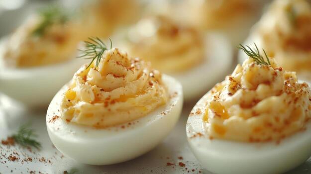 A dish of deviled eggs covered with sauce, garnished with sprigs of dill and crumbled bacon bits. photo