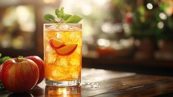 An inviting scene with a refreshing apple tea cocktail and apples, photo
