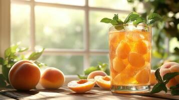 A refreshing summer drink garnished with slices of peach and a sprig of mint, photo