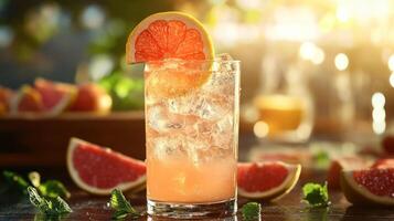 A glass of fizzy citrus drink with slices of orange and grapefruit, a hint of lime or lemon, photo