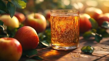 A glass of beer with apple slices in the background, suggesting a refreshing autumnal scene. photo