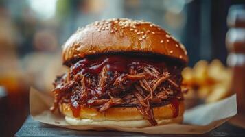 A close-up view of a mouthwatering BBQ Pulled Pork Sandwich. photo