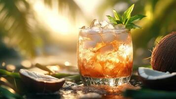 A tropical cocktail with a coconut and honey syrup, garnished with a mint sprig, photo