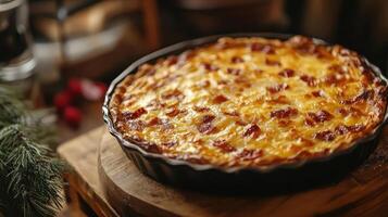 A close up of a delicious looking bacon topped pizza in a pan, sitting on a wooden table, photo