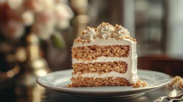 A delicious slice of cake with a layer of frosting, topped with coconut flakes. photo