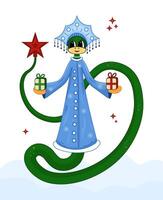 Cute Green snake in a Snow Maiden costume. illustration of 2025 symbol. Snake Snow Maiden in a blue coat and kokoshnik. Design element for New Year and Christmas theme. vector