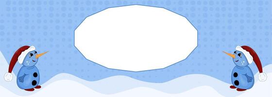 Blue New Year banner with place for text. Frame with snowmen, snow, snowflakes to post information about celebrating Christmas and New Years holidays. vector