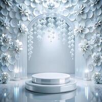 3d rendering of a white stage with flowers and lights photo