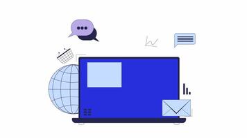 Digital marketing in e-commerce 2D object animation. Communication ecommerce network cartoon 4K , alpha channel. Social media advertising marketplace laptop animated flat item on white background video