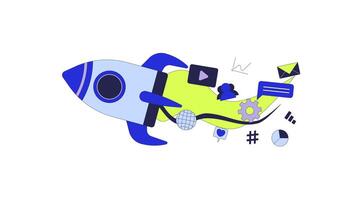 Innovative social media startup rocket 2D object animation. Start up business multimedia cartoon 4K , alpha channel. Aspiring entrepreneurship rocketship animated flat item on white background video