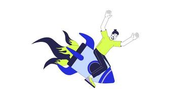 Caucasian man falling down on rocket 2D character animation. Startup failed. Business failure cartoon 4K , alpha channel. Guy collapsing on space shuttle animated person on white background video