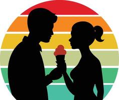 A couple sharing an ice cream cone silhouette in sunset vector