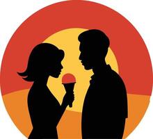 A couple sharing an ice cream cone silhouette in sunset vector