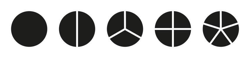 Circle division on 1, 2, 3, 4, 5 equal parts. Infographic minimalist set. Coaching blank. Pie, pizza chart template. Wheel round divided diagrams with one, two, three, four, five segments. vector