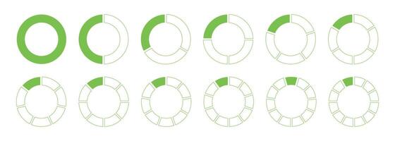 Circles divided diagram 1, 2, 3, 10, 7, 8, 9, 10, 11, 12 equal parts. Coaching blank round template. Graph icon pie, pizza shaped sectional charts. Segmented green wheels. Divide infographic icons. vector