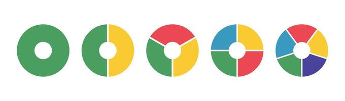 Donut charts, pies segmented on equal parts set. Diagrams infographic multicolored collection. Wheels divided in sections. Circle section graph. Pie, pizza chart round icons. Loading bar templates. vector