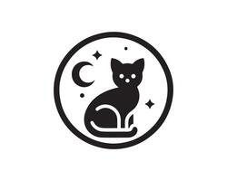 A black and white logo of a cat sitting on a crescent moon vector