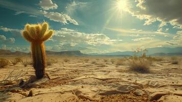 A solitary cactus stands on cracked desert earth under a bright sunlit sky in the afternoon photo