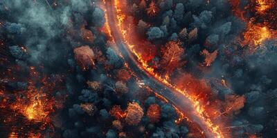 Flame engulfed forest path winding through foliage during a wildfire at night photo