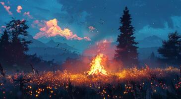 A cozy campfire burns brightly in the wilderness at sunset with mountains in the background photo