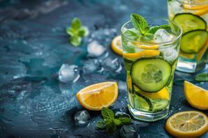 Refreshing cucumber and lemon beverage with ice and mint on a dark textured background photo